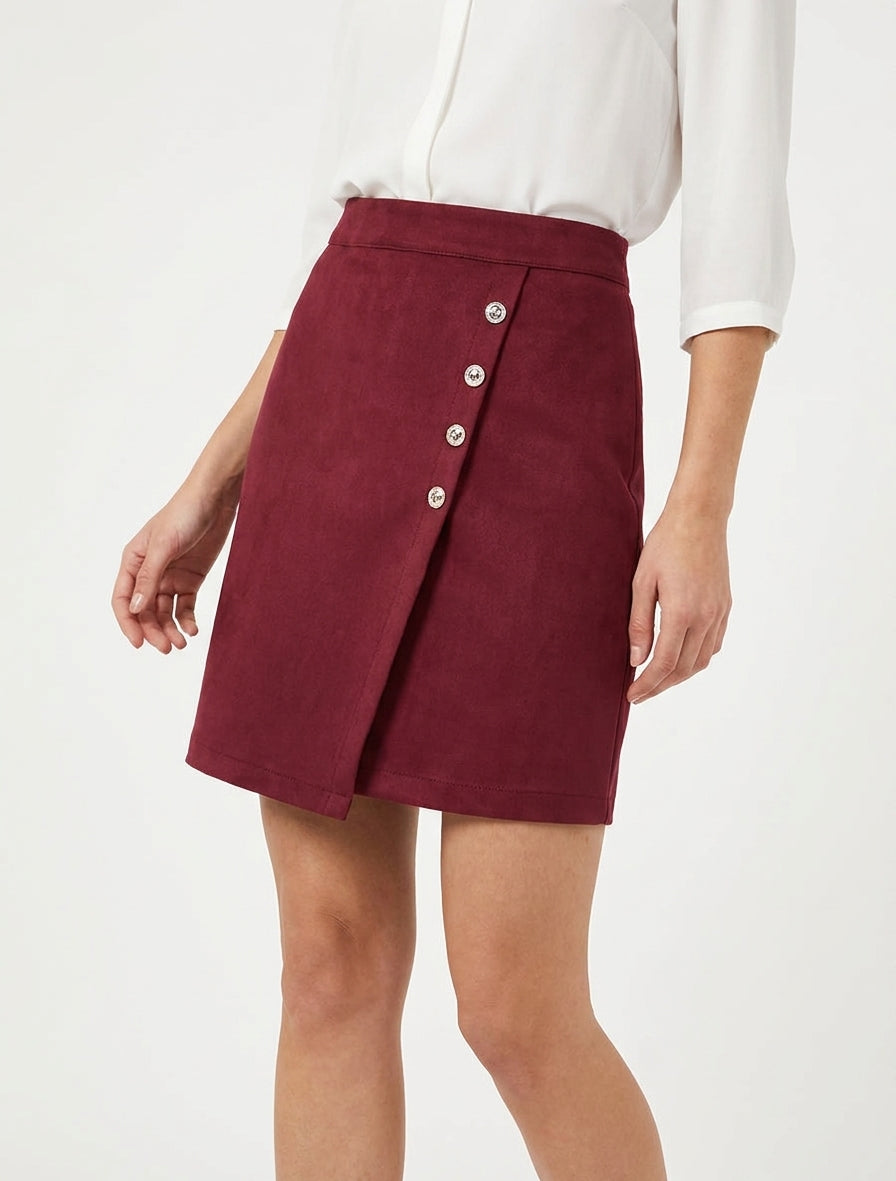 Jupe en suédine style portefeuille à boutons - Bordeaux