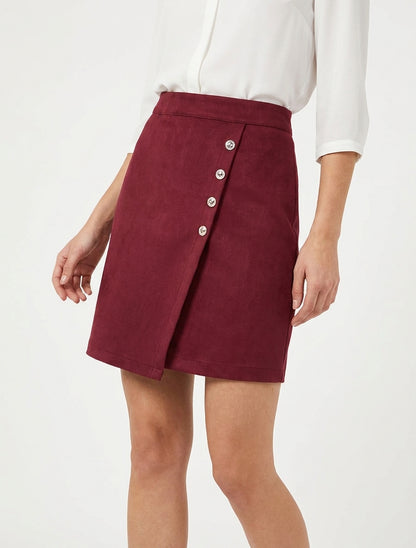Jupe en suédine style portefeuille à boutons - Bordeaux