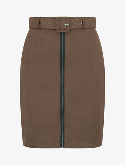 Jupe crayon taille haute en suédine à zip - Marron - 1