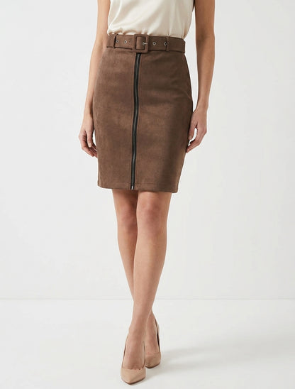 Jupe crayon taille haute en suédine à zip - Marron