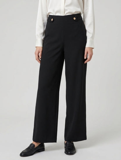 Pantalon ample taille haute à boutons décoratifs - Noir