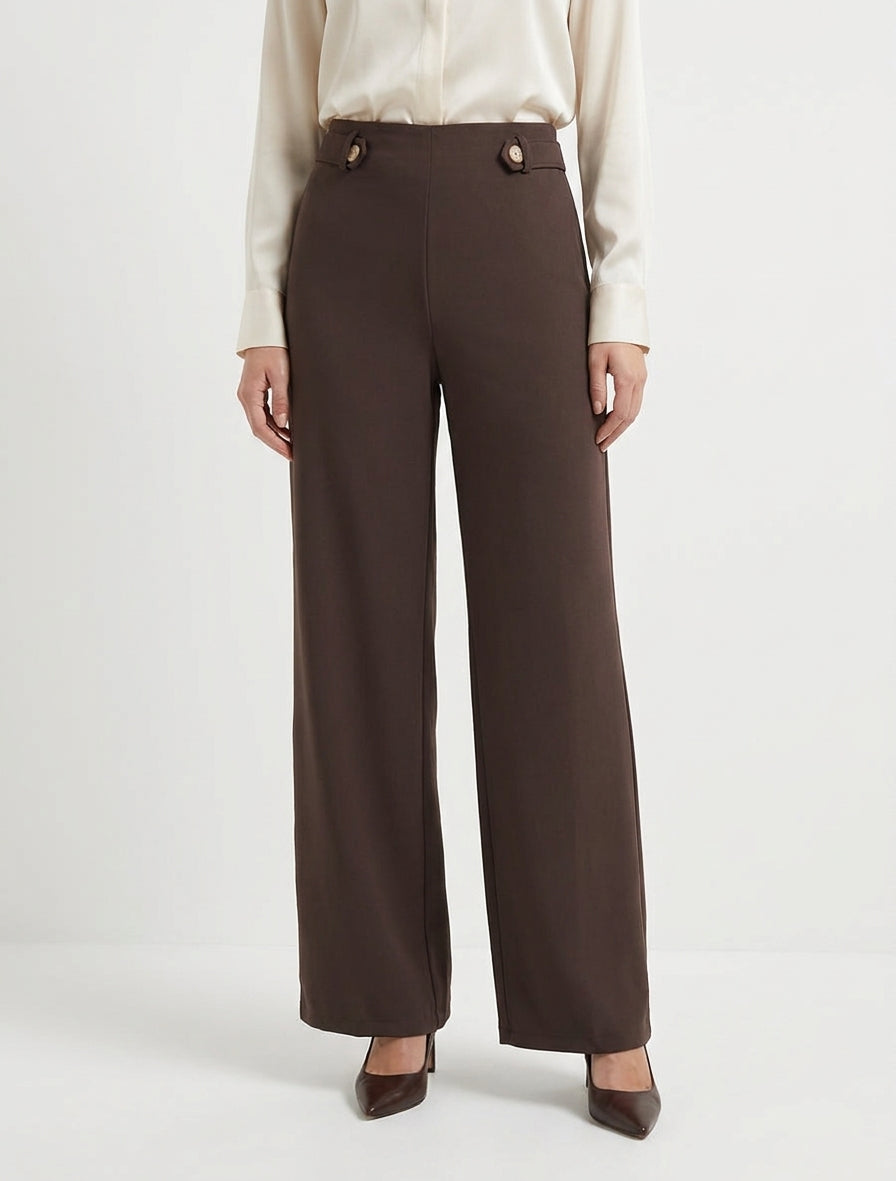 Pantalon ample taille haute à boutons décoratifs - Chocolat