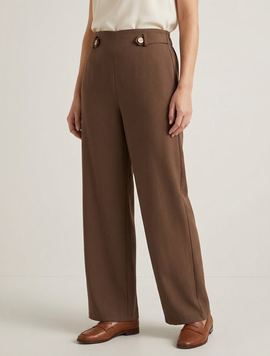 Pantalon ample taille haute à boutons décoratifs - Marron