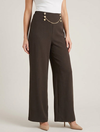 Broek met hoge taille, knopen en ketting - Bruin