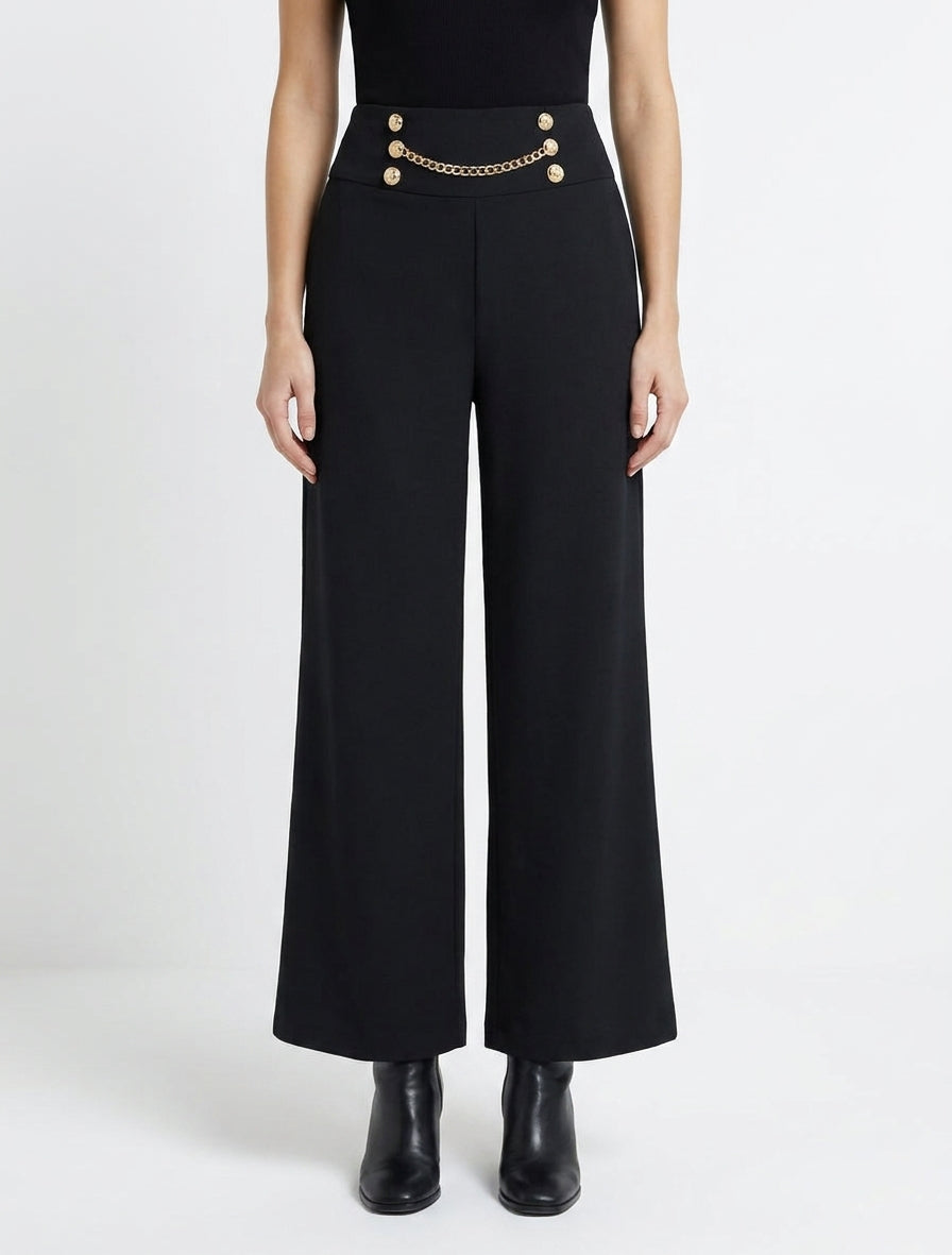 Pantalon taille haute à boutons et chaîne - Noir