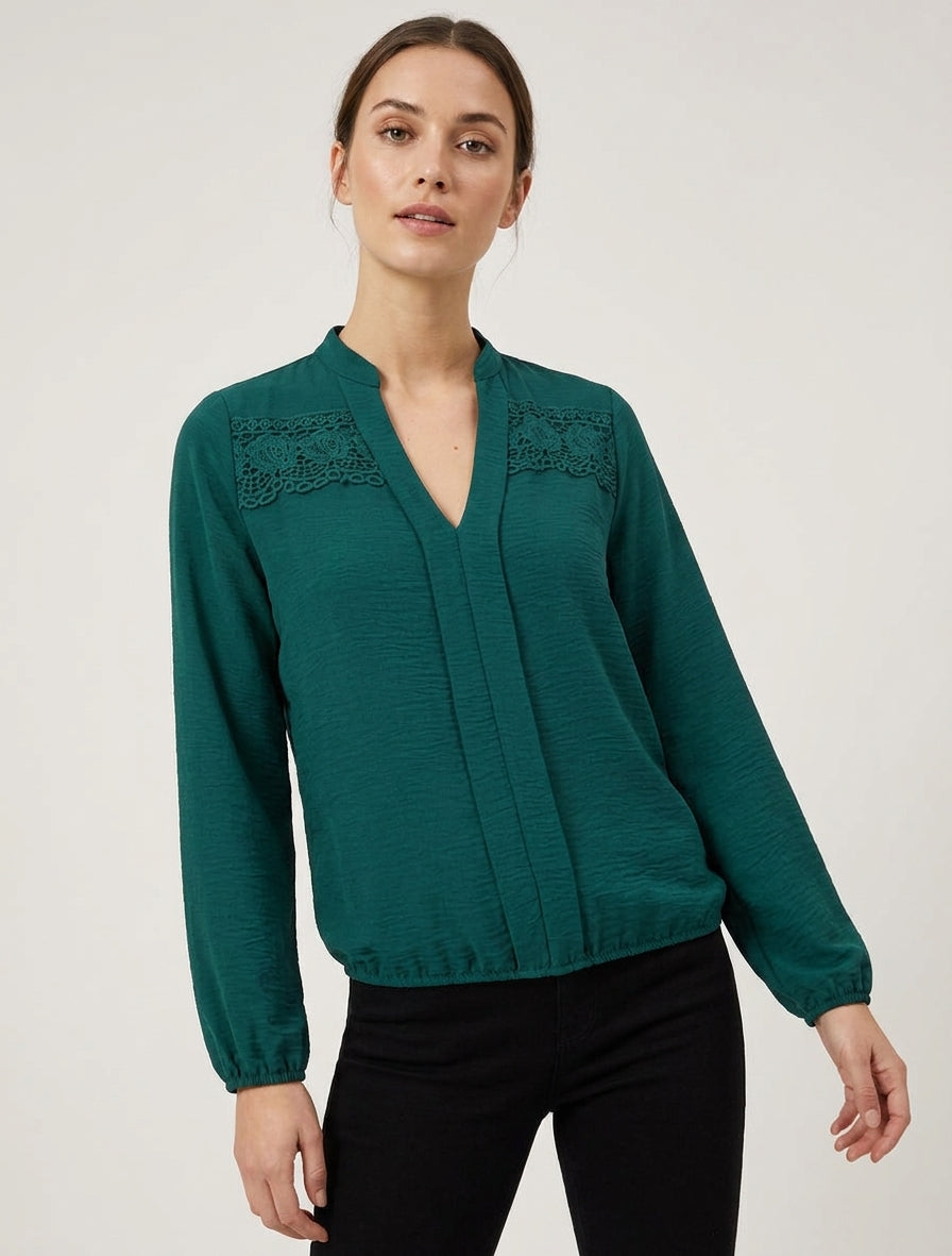 Top boule à col V et dentelle - Vert sapin