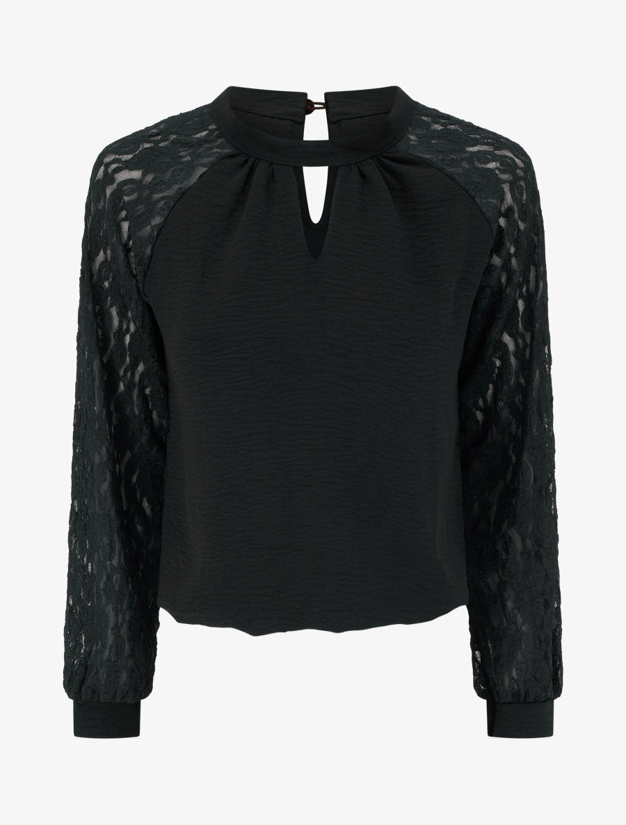 Top à manches raglan en dentelle et col ajouré - Noir - 1
