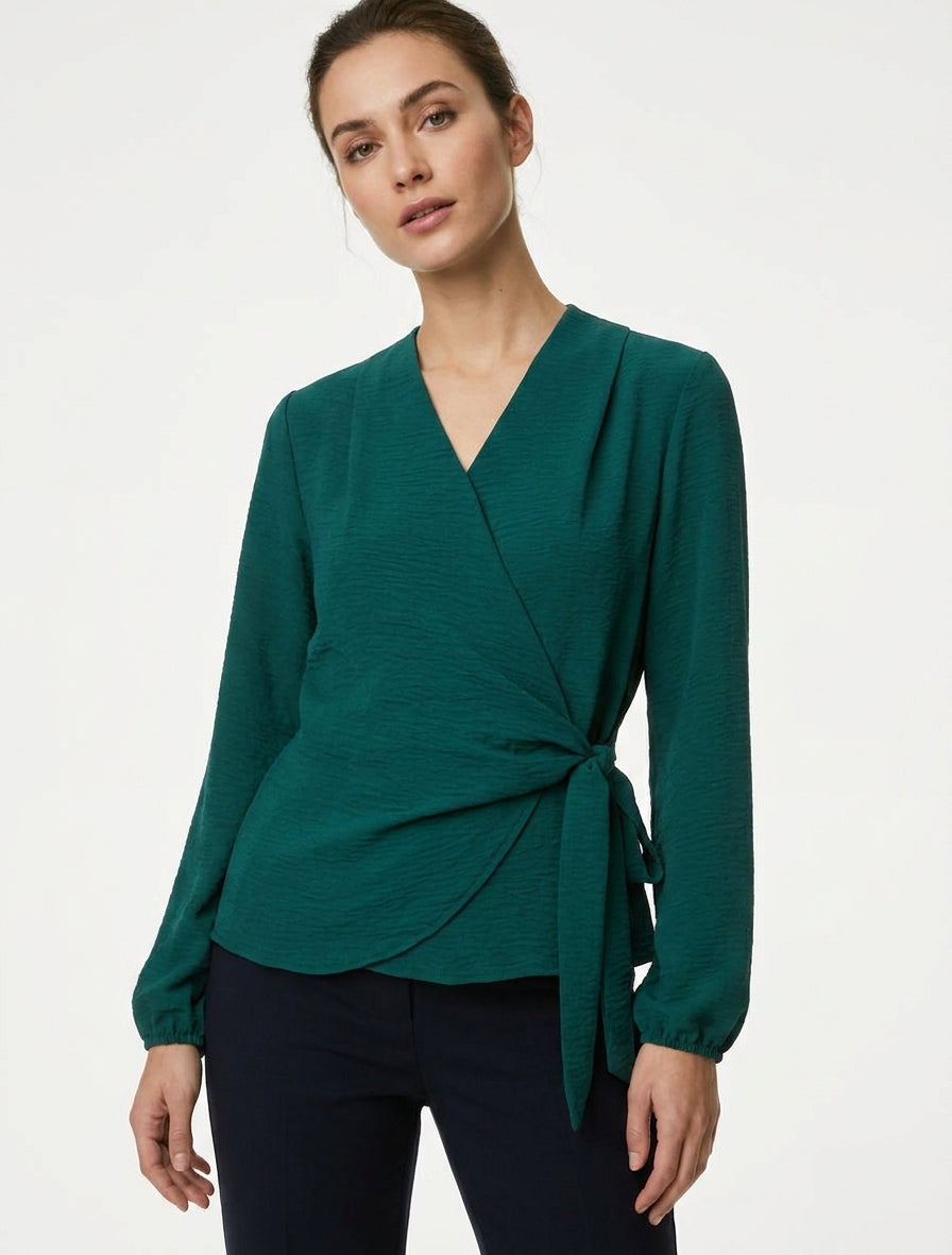 Top wikkelblouse met lange mouwen en soepele stof - Donkergroen