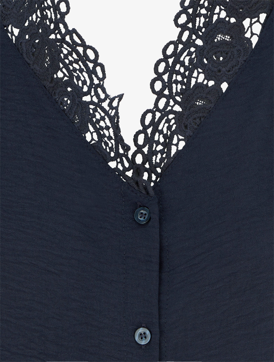 Blouse droite à col V en dentelle - Marine - 3