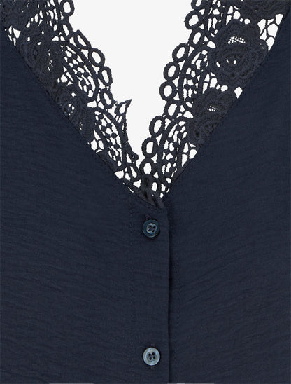 Blouse droite à col V en dentelle - Marine - 3