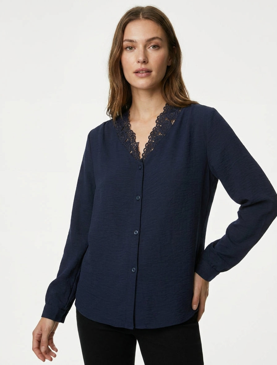 Blouse droite à col V en dentelle - Marine