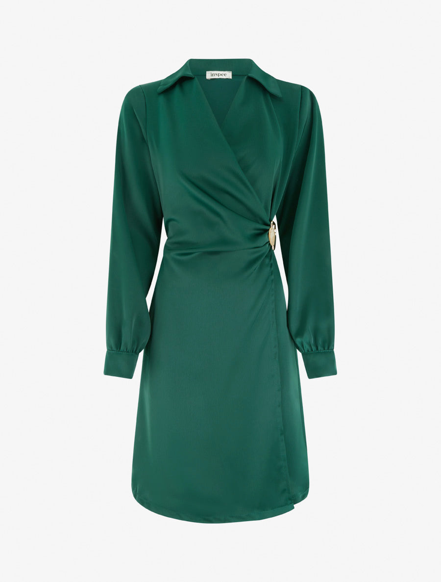Robe portefeuille satinée à manches longues et bijou - Vert émeraude - 1