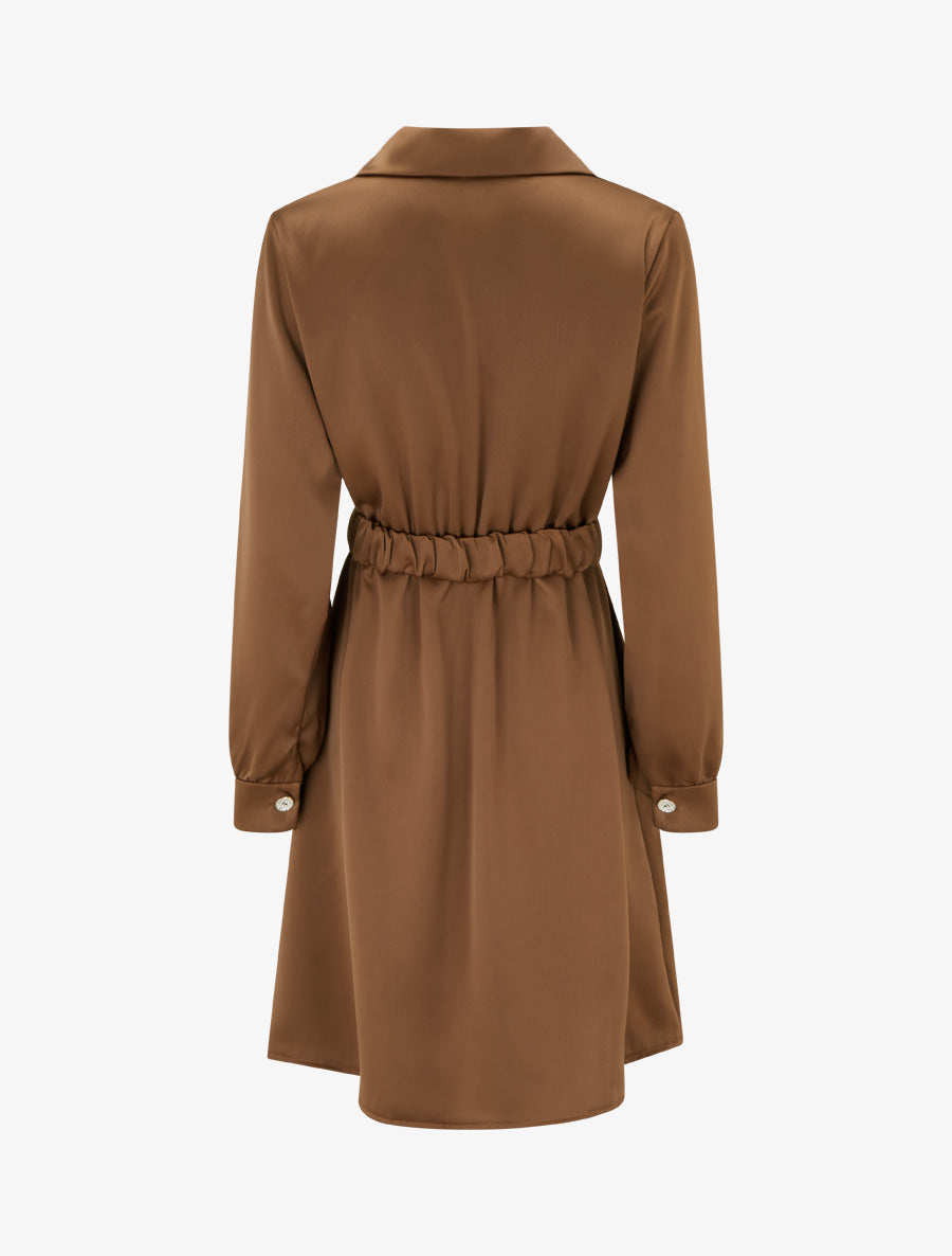 Robe satinée style chemise à manches longues - Camel - 2