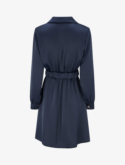 Robe satinée style chemise à manches longues - Marine - 2