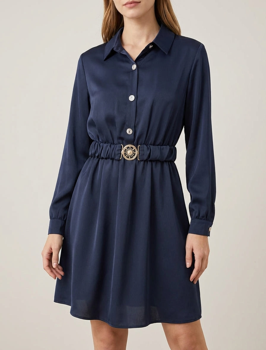 Robe satinée style chemise à manches longues - Marine