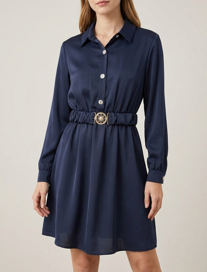 Robe satinée style chemise à manches longues - Marine