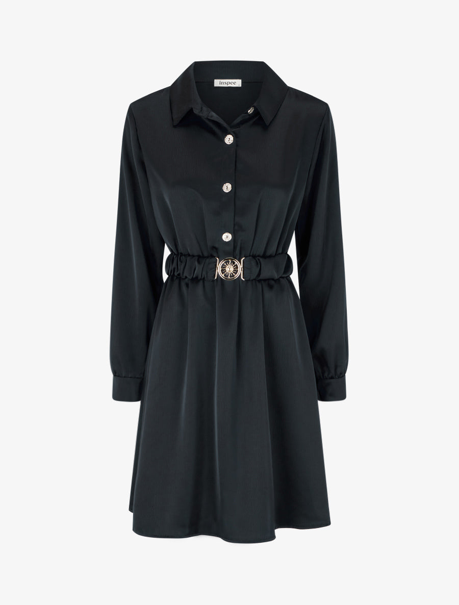 Robe satinée style chemise à manches longues - Noir - 1