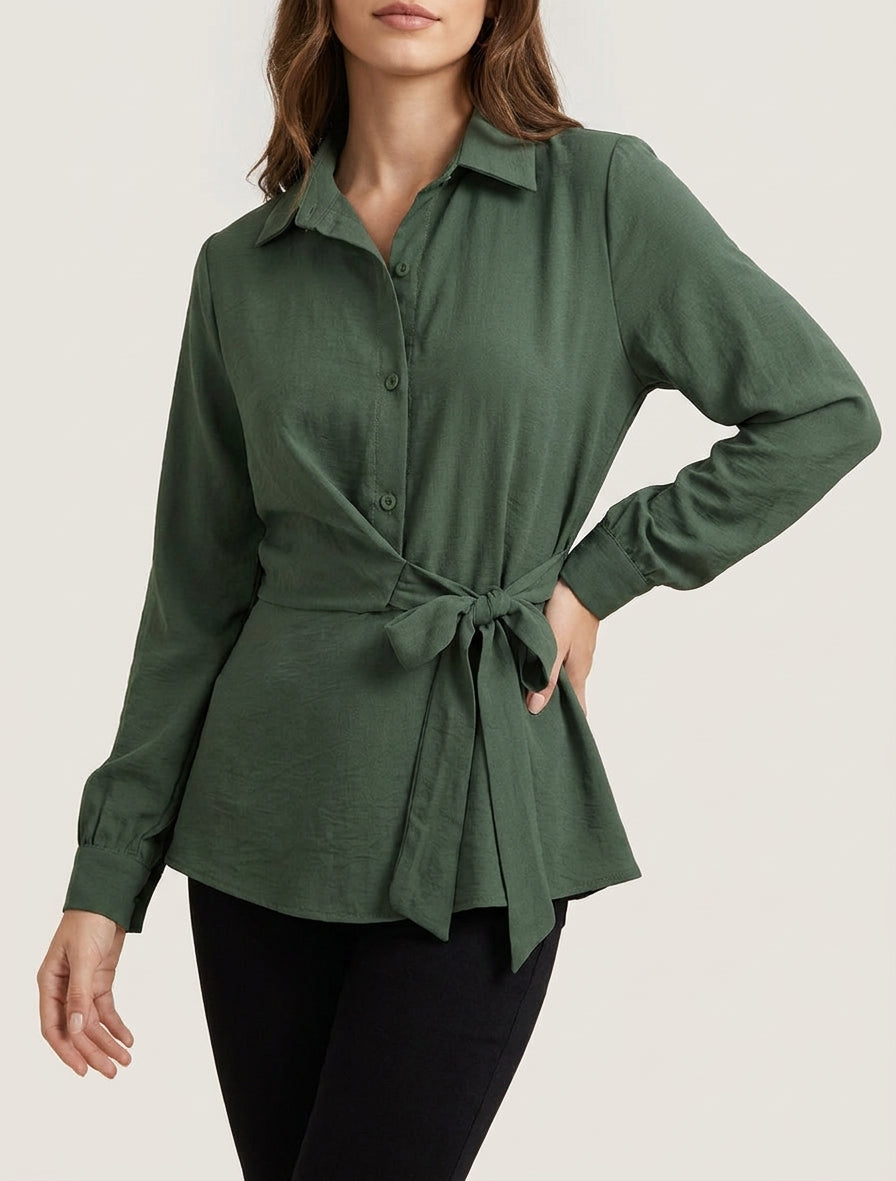 Top manches longues style chemise à nouer - Kaki