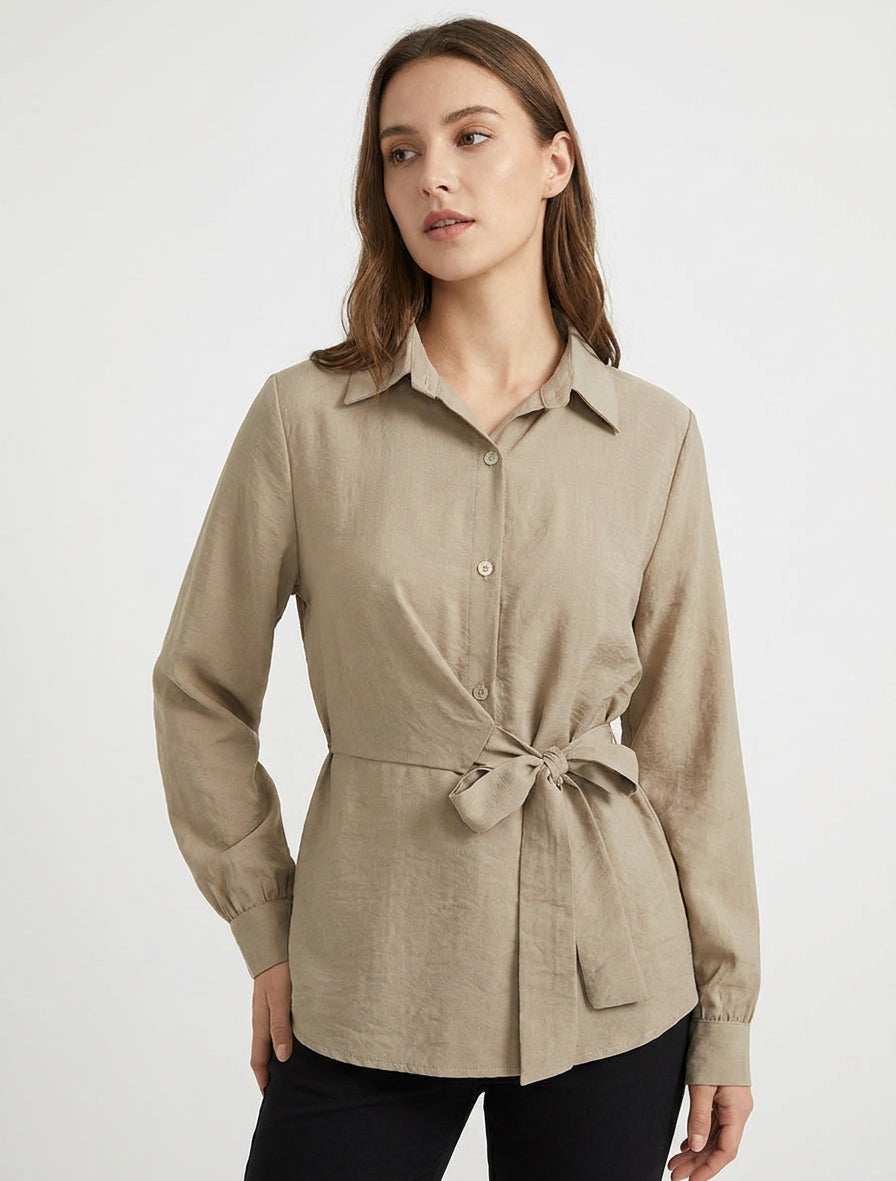 Top manches longues style chemise à nouer - Beige