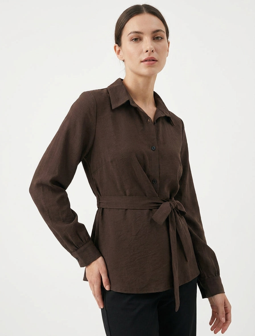 Top manches longues style chemise à nouer - Marron
