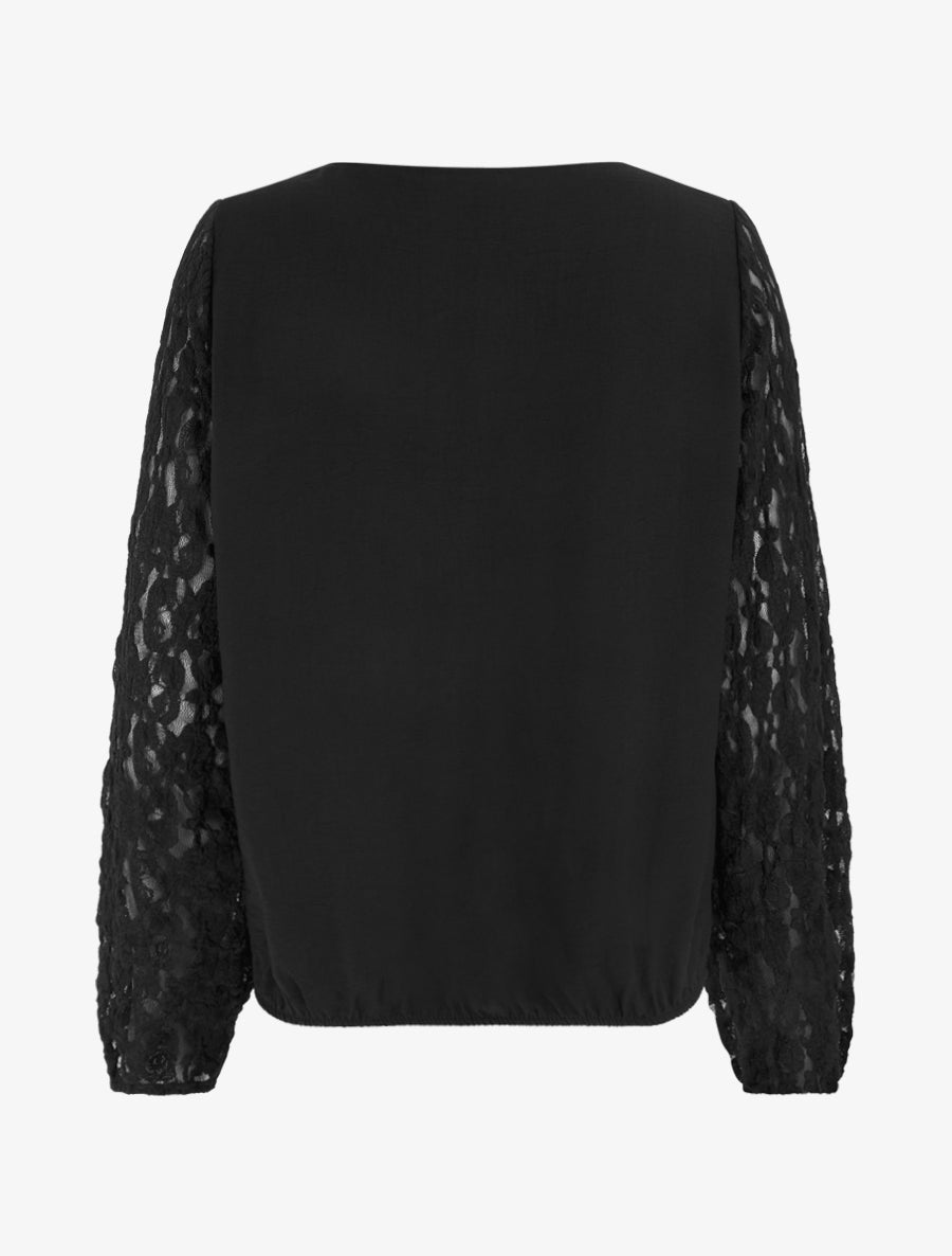 Top boule uni à manches en dentelle - Noir - 2