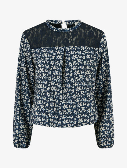 Top boule à col dentelle et imprimé fleuri abstrait - Marine - 1