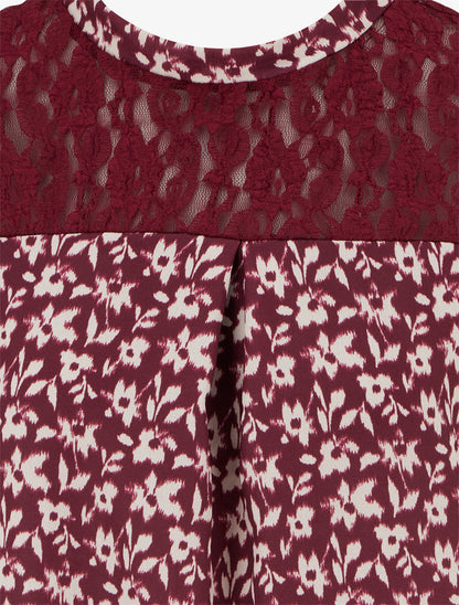 Top boule à col dentelle et imprimé fleuri abstrait - Lie de vin - 3