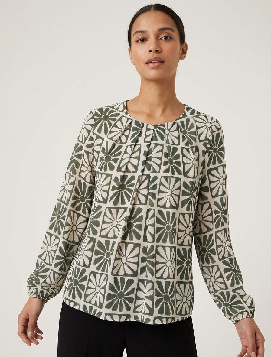 Top boule manches longues à imprimé marguerites - Kaki