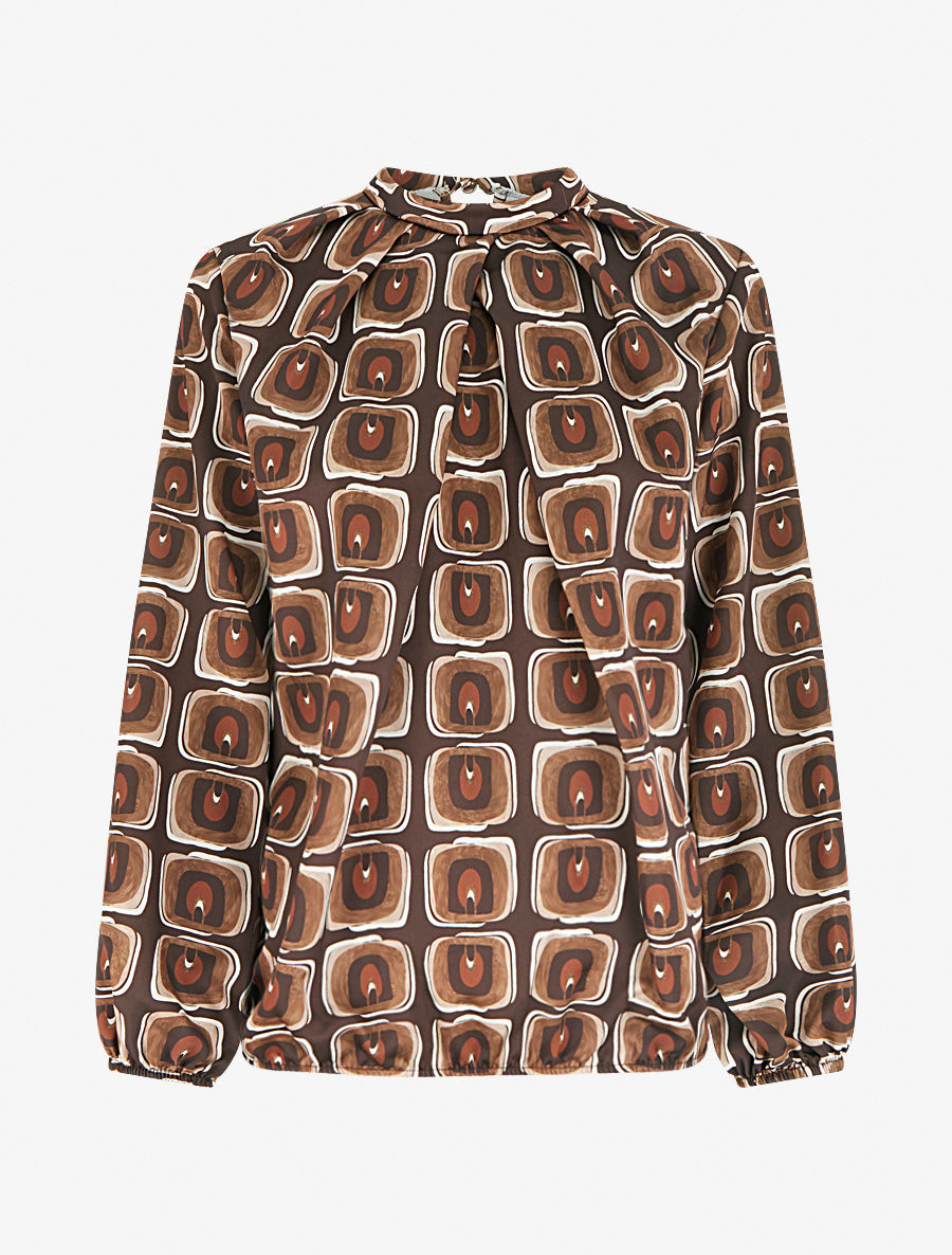 Blouse satiné imprimé rétro - Marron - 1