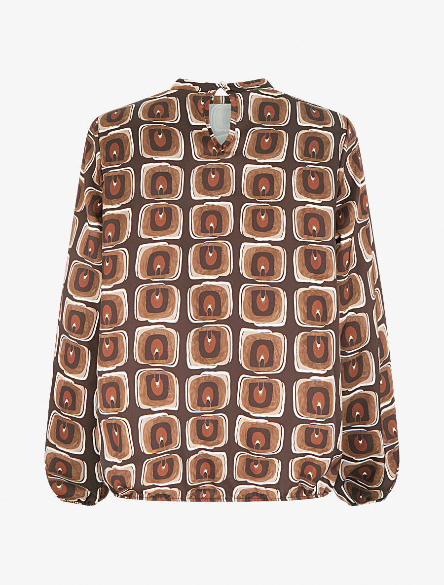 Blouse satiné imprimé rétro - Marron - 2