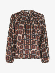 Blouse satiné imprimé rétro - Chocolat - 1