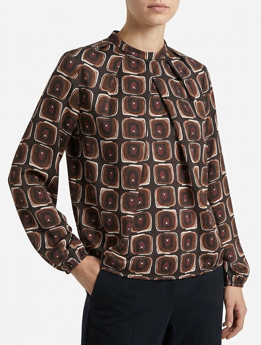 Blouse satiné imprimé rétro - Chocolat