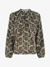 Blouse satiné imprimé rétro - Kaki - 1