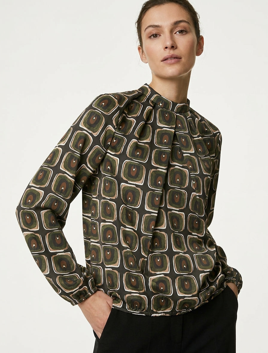 Blouse satiné imprimé rétro - Kaki