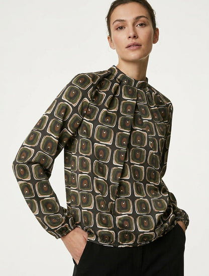 Blouse satiné imprimé rétro - Kaki
