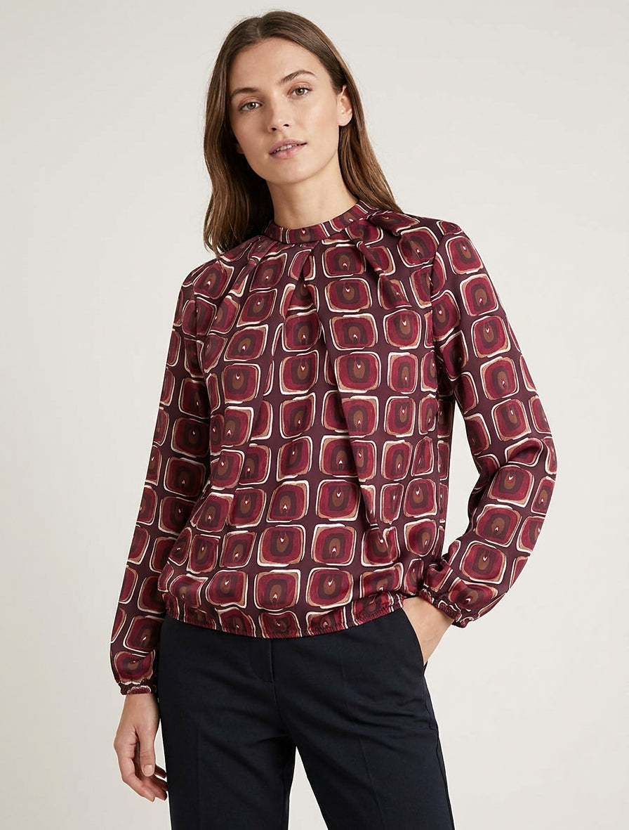 Blouse satiné imprimé rétro - Lie de vin