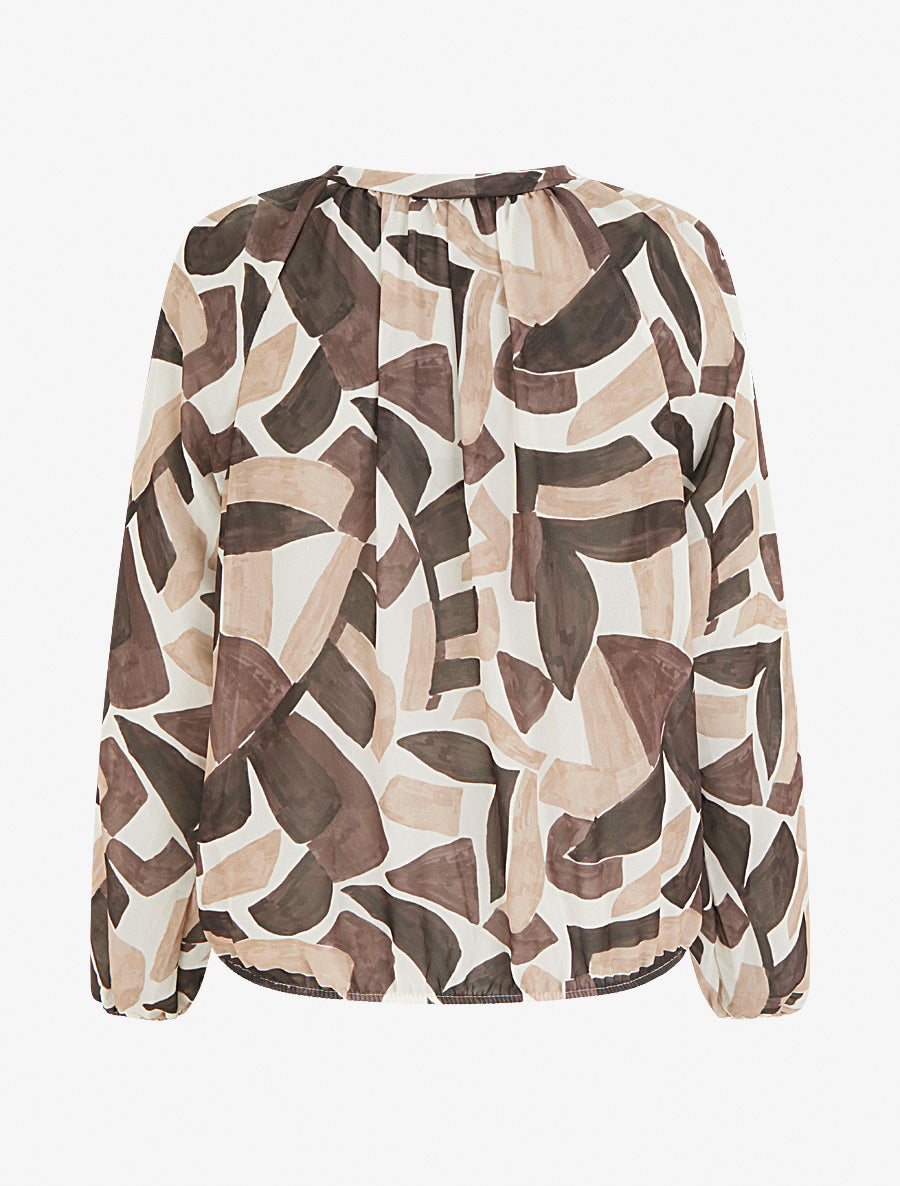 Blouse en voile imprimé abstrait coupe boule - Marron - 2