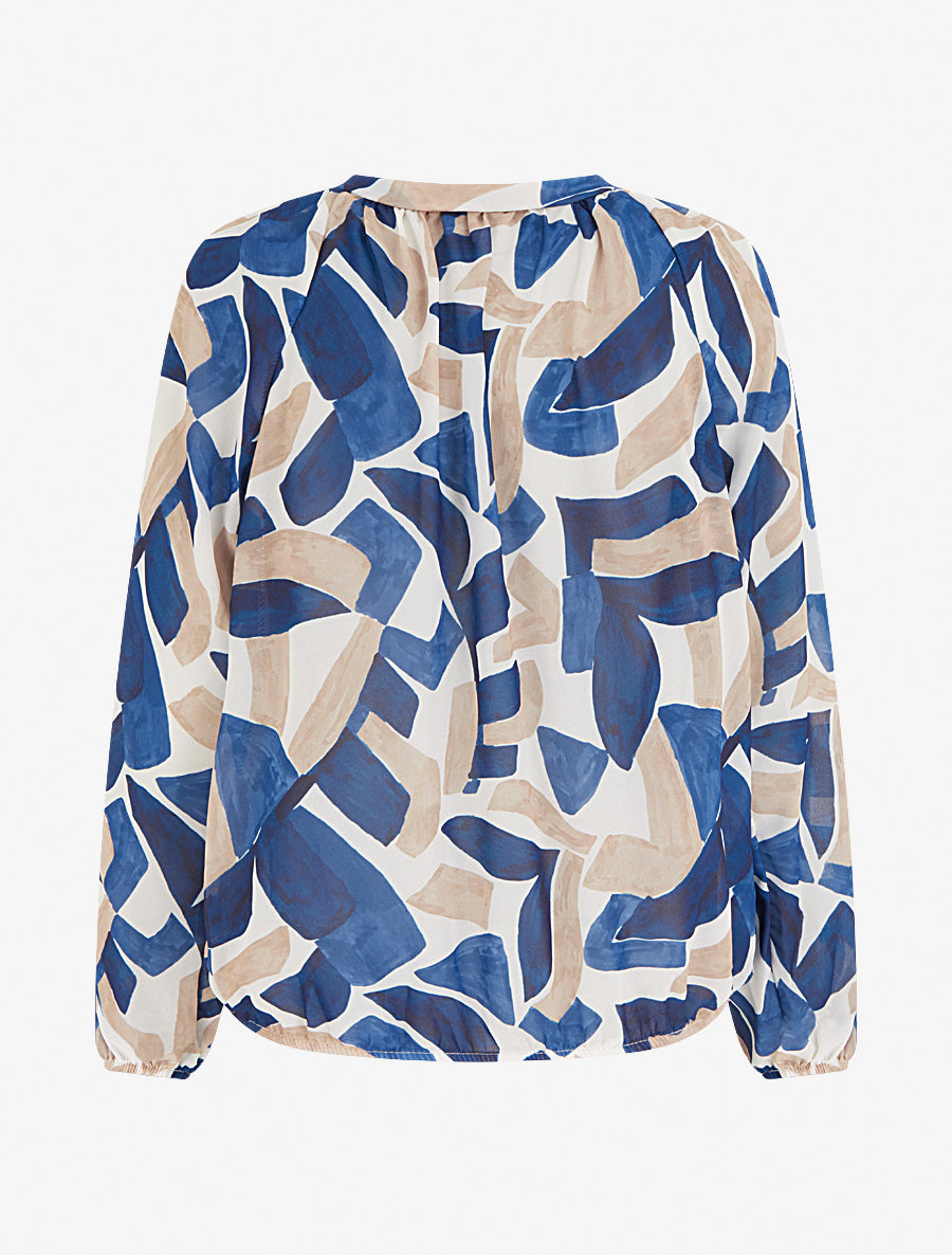 Blouse en voile imprimé abstrait coupe boule - Marine - 2