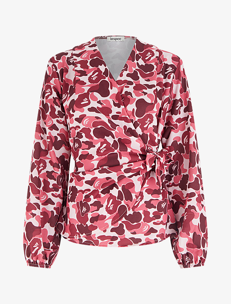 Blouse style portefeuille imprimée à col cache-coeur - Lie de vin - 1