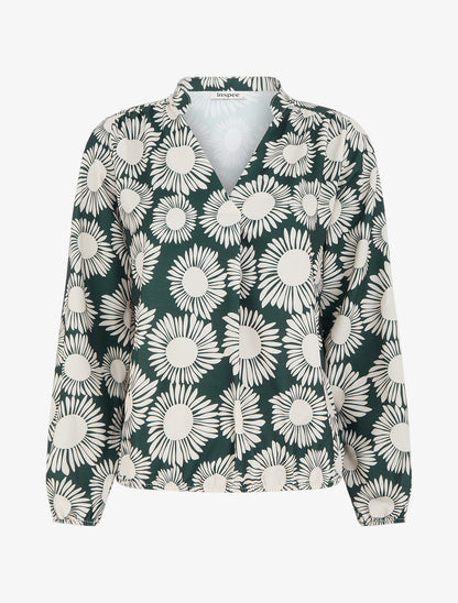 Blouse imprimé fleurs à poignets élastiqués - Vert sapin - 1