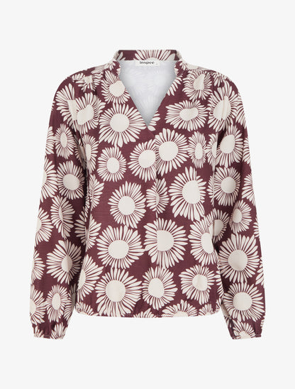 Blouse imprimé fleurs à poignets élastiqués - Prune - 1