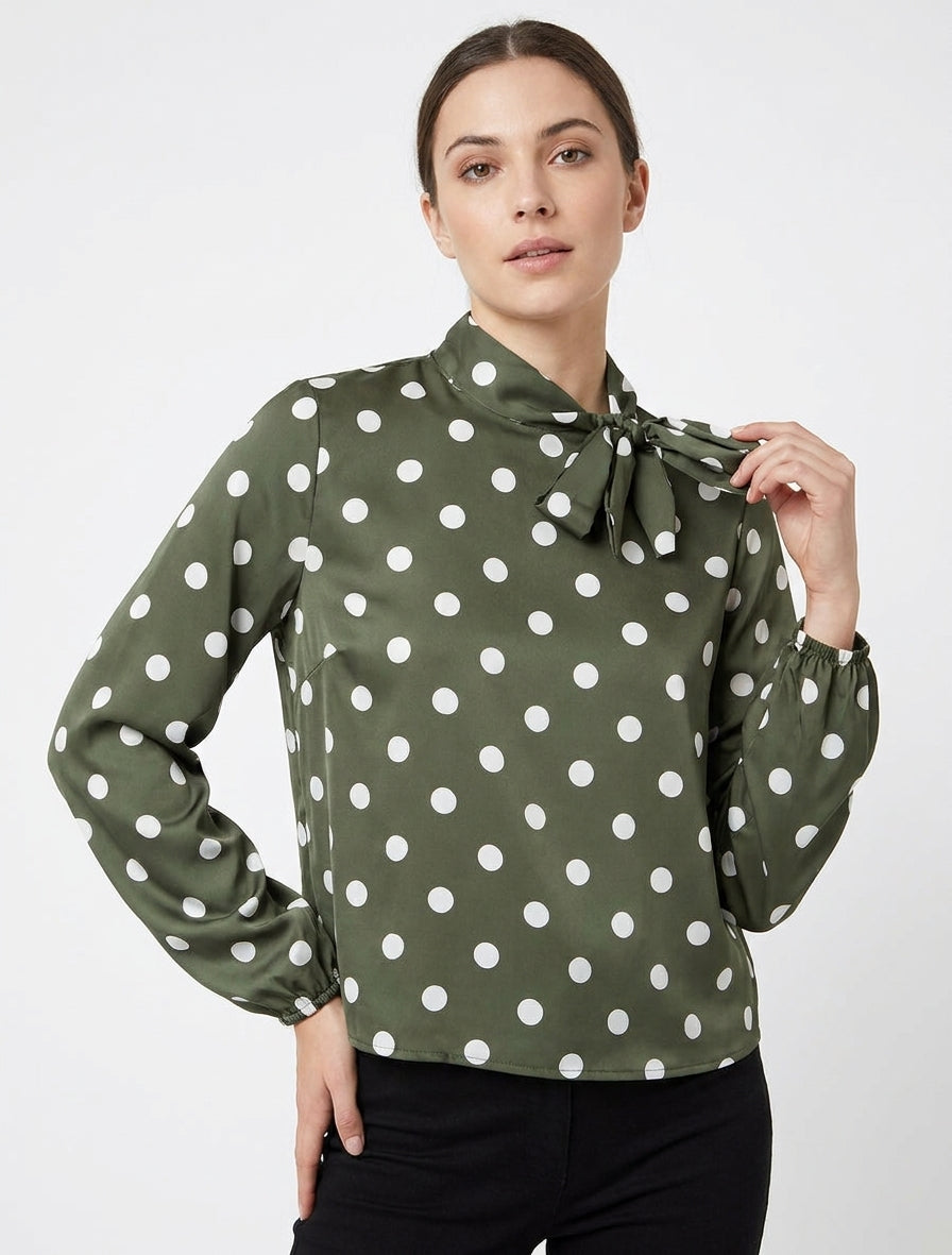Top boule satiné à noeud et imprimé pois - Kaki