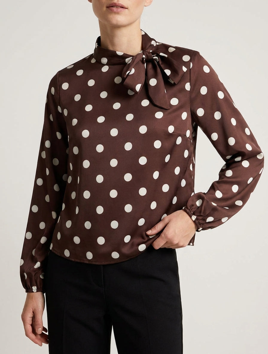 Top boule satiné à noeud et imprimé pois - Marron