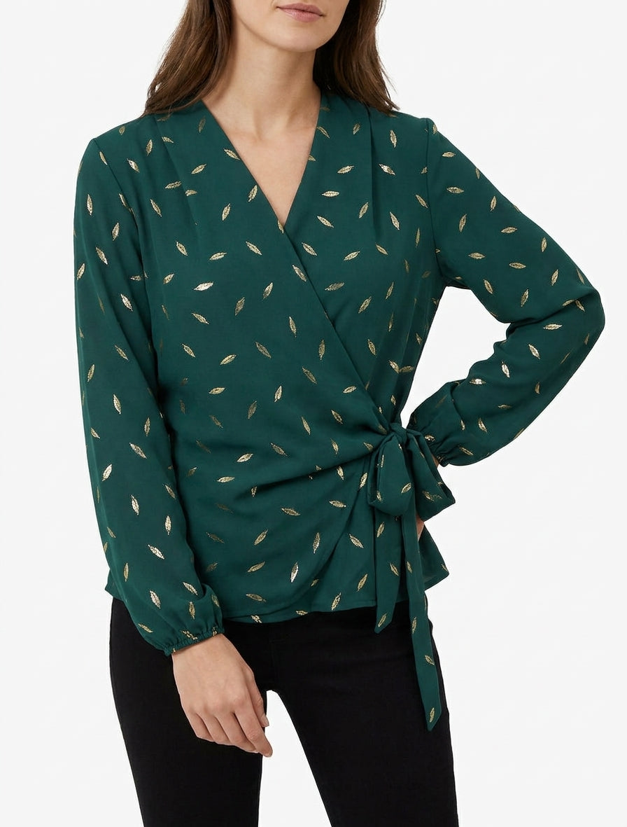 Top met iriserende veren in portefeuille-stijl - Dennengroen