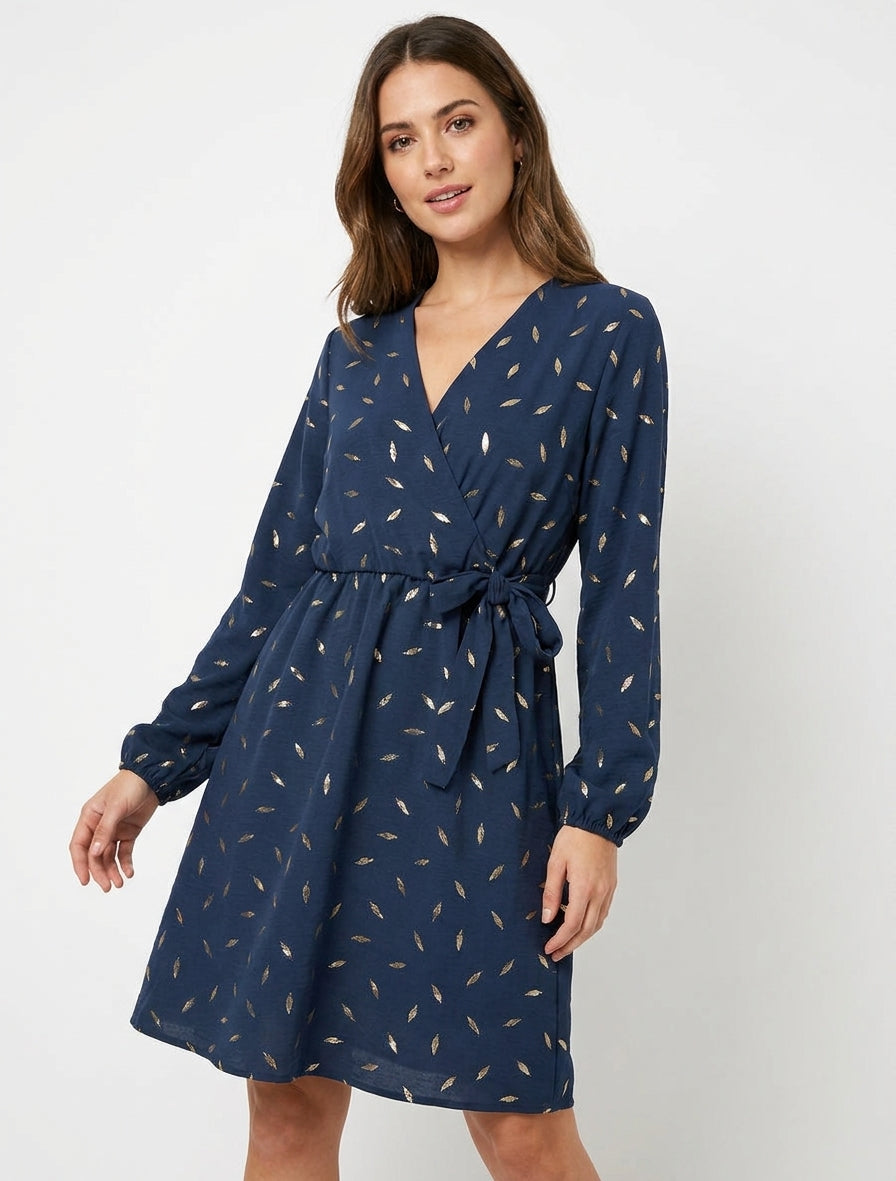 Robe élastiquée à plumes irisées - Marine