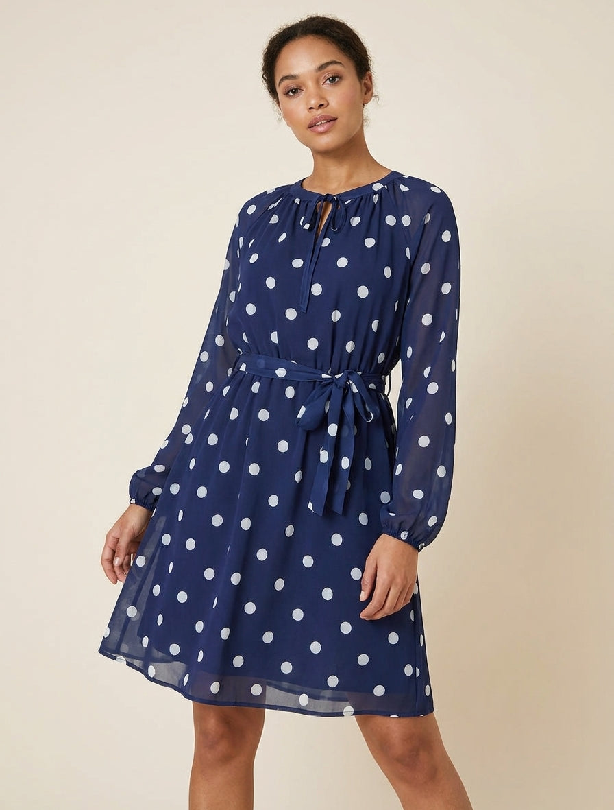 Robe à pois évasée à manches longues - Marine