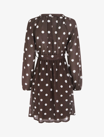 Robe à pois évasée à manches longues - Marron - 2