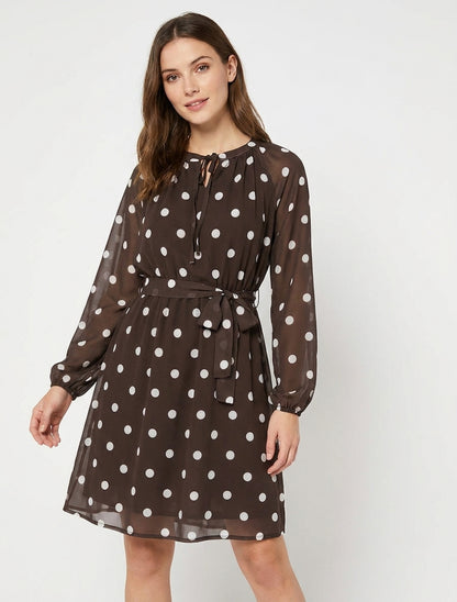 Robe à pois évasée à manches longues - Marron