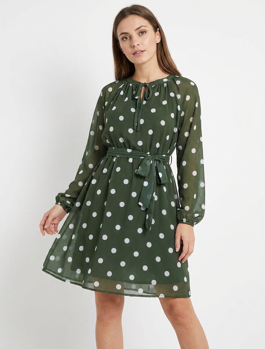 Robe à pois évasée à manches longues - Kaki