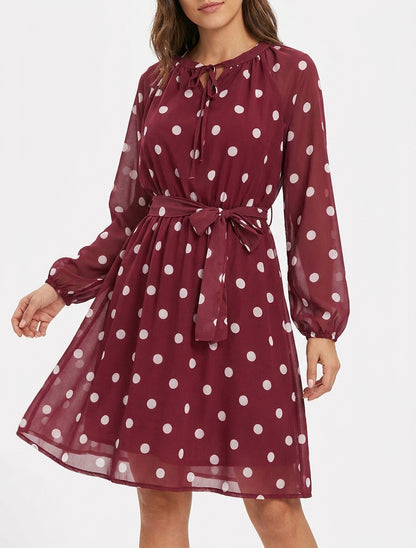 Robe à pois évasée à manches longues - Bordeaux